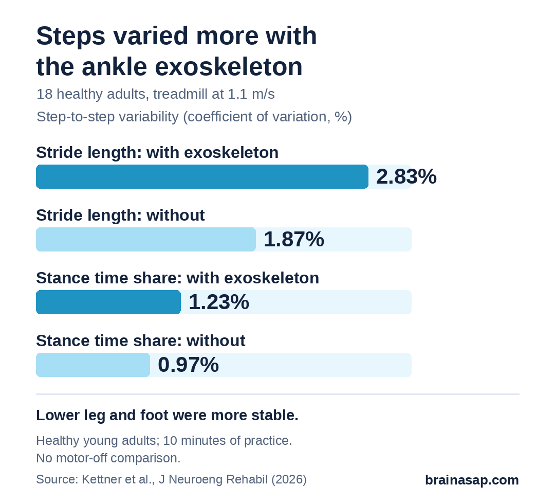 Bar chart of step-to-step variability: stride length varied 2.83% with the exoskeleton versus 1.87% without; stance ratio varied 1.23% versus 0.97%.