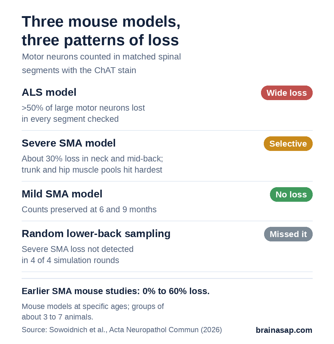 Summary chart of motor neuron loss patterns in three mouse models: ALS model showed wide loss of more than 50% in every segment checked; severe SMA showed selective loss of about 30% in neck and mid-back segments, hitting trunk and hip muscle pools; mild SMA model showed no loss at 6 and 9 months; random lower-back sampling missed severe SMA loss in 4 of 4 simulation rounds.