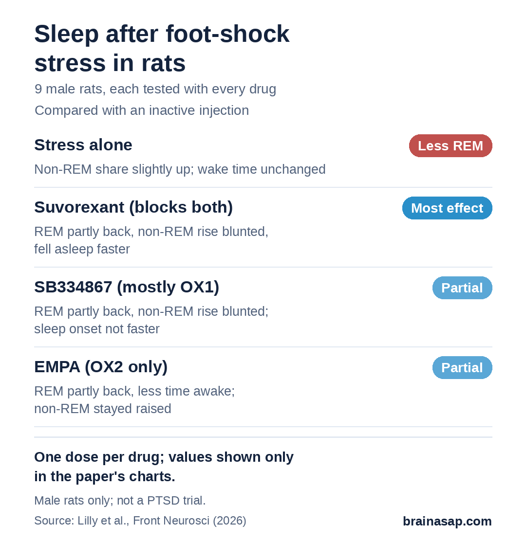 Summary chart of sleep effects after foot-shock stress in rats: stress alone reduced REM sleep; suvorexant partly restored REM, blunted the rise in non-REM and sped sleep onset; SB334867 partly restored REM and blunted non-REM but did not speed sleep onset; EMPA partly restored REM and reduced wake time, but non-REM stayed raised and sleep onset was not significantly faster.